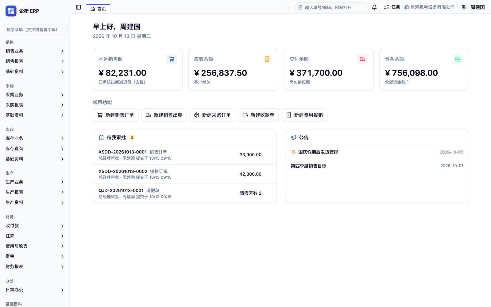 企衡 ERP 工作台：本月销售额、应收应付、资金余额、待我审批与公告